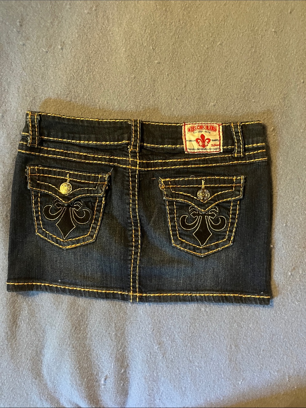 Blue Denim Mini Skirt with Contrast Stitching Fleur de Lis